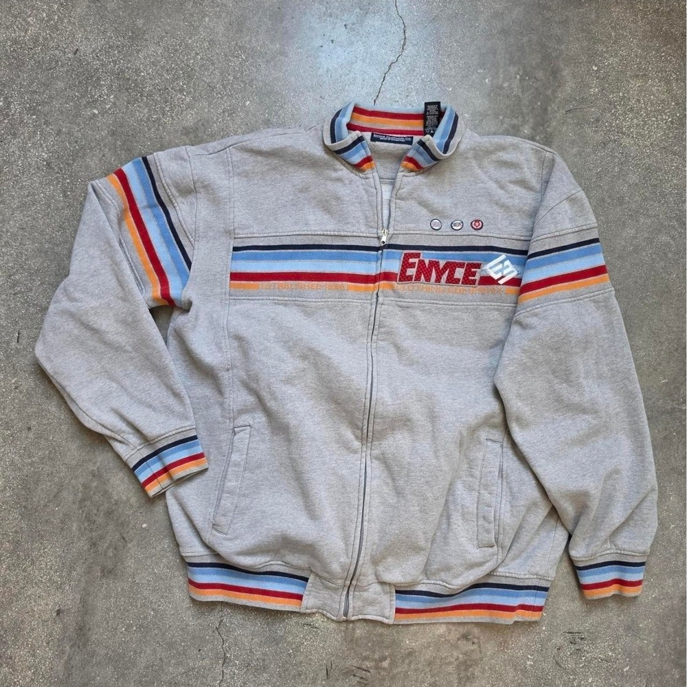 Vintage Enyce Gray Full Zip Sweatshirt Striped Mock Neck Mens Large Retro 90s